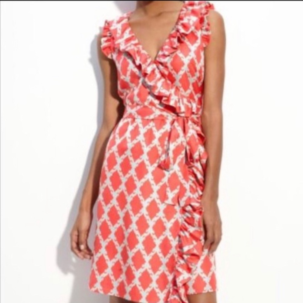 kate spade Coral and White Ruffle Wrap Dress